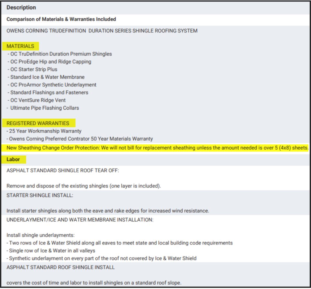 Central PA Roofing Quote Example 1