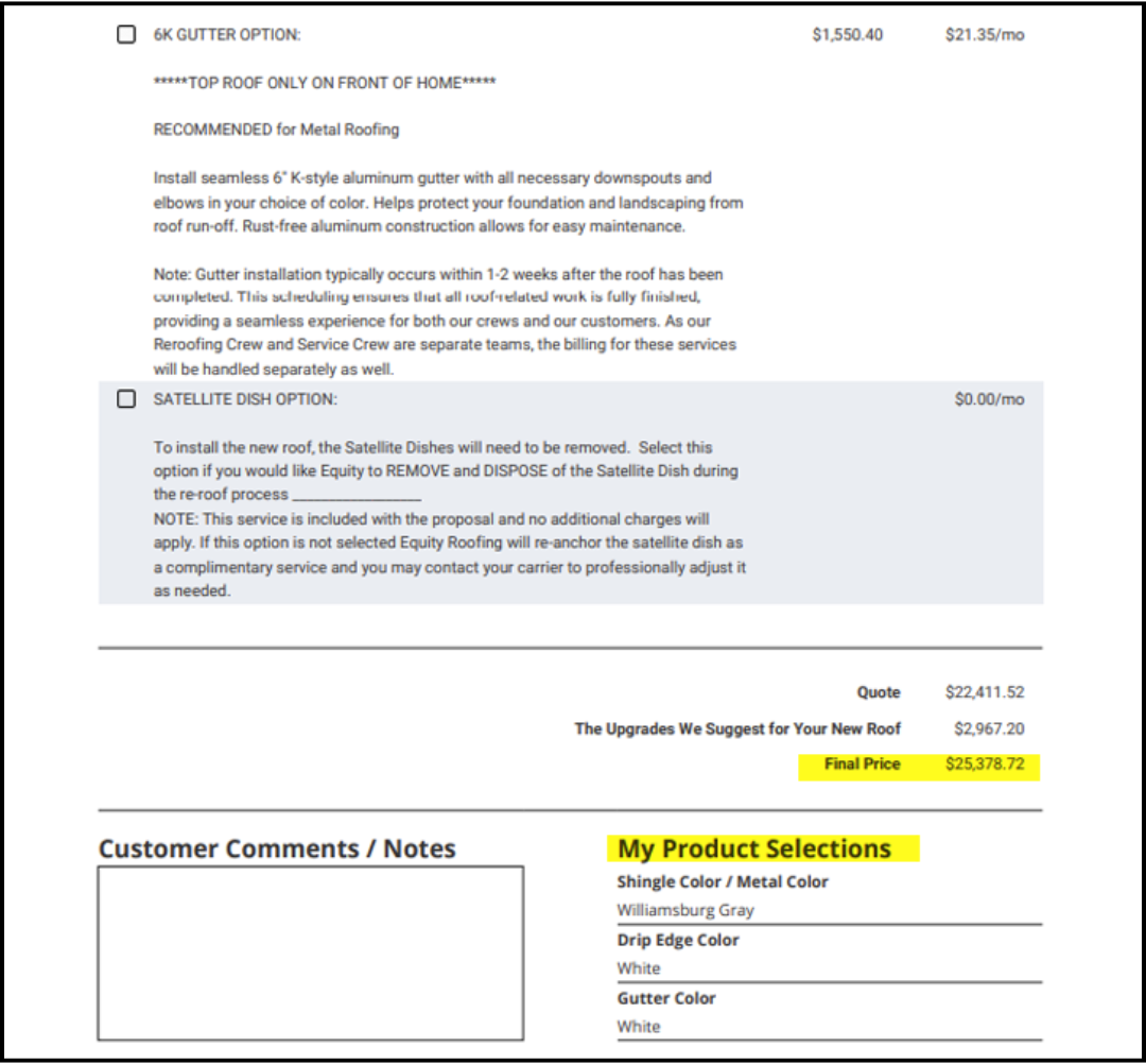 Central PA Roofing Quote Example 2