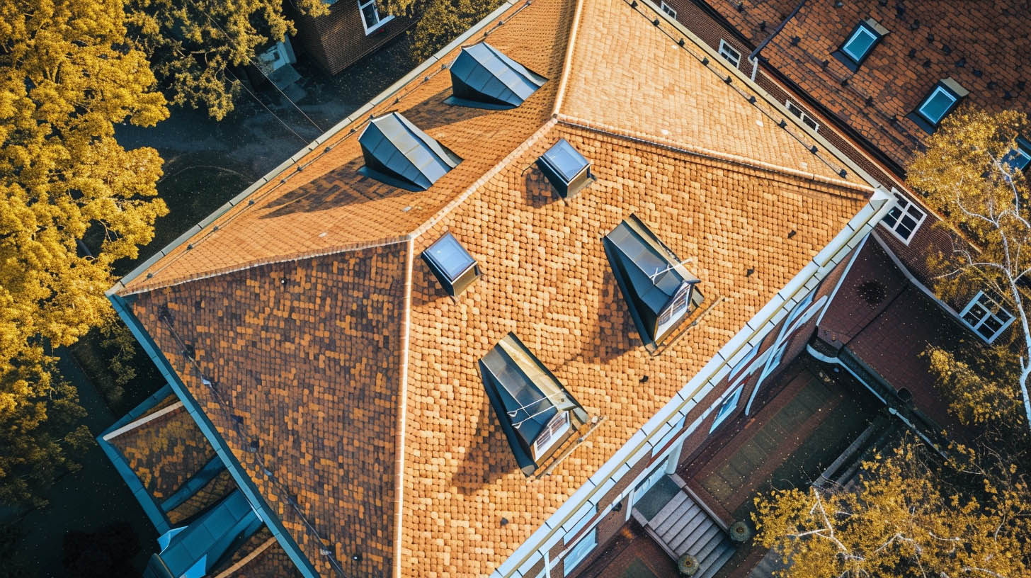 Suburban homes with different roof pitches highlighted by the setting sun to imply the ideal angle.